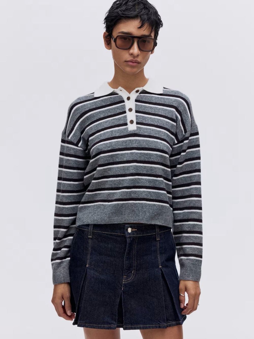 H&M Gray and Black Striped Polo Sweater